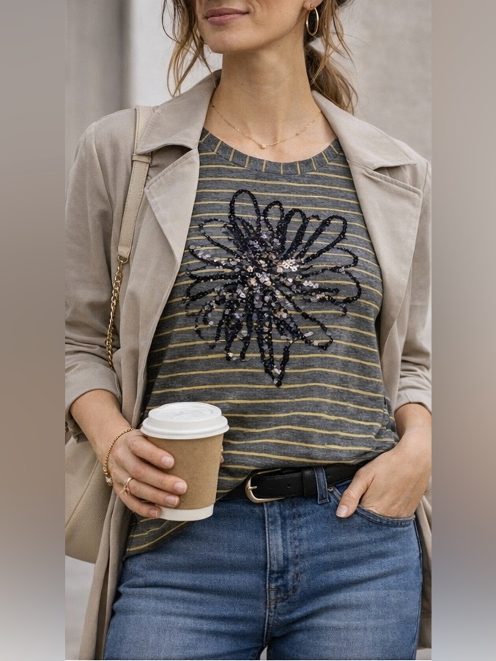 ✨Alison Sheri long sleeve top/charcoal grey,yellow stripes/sequin floral design✨